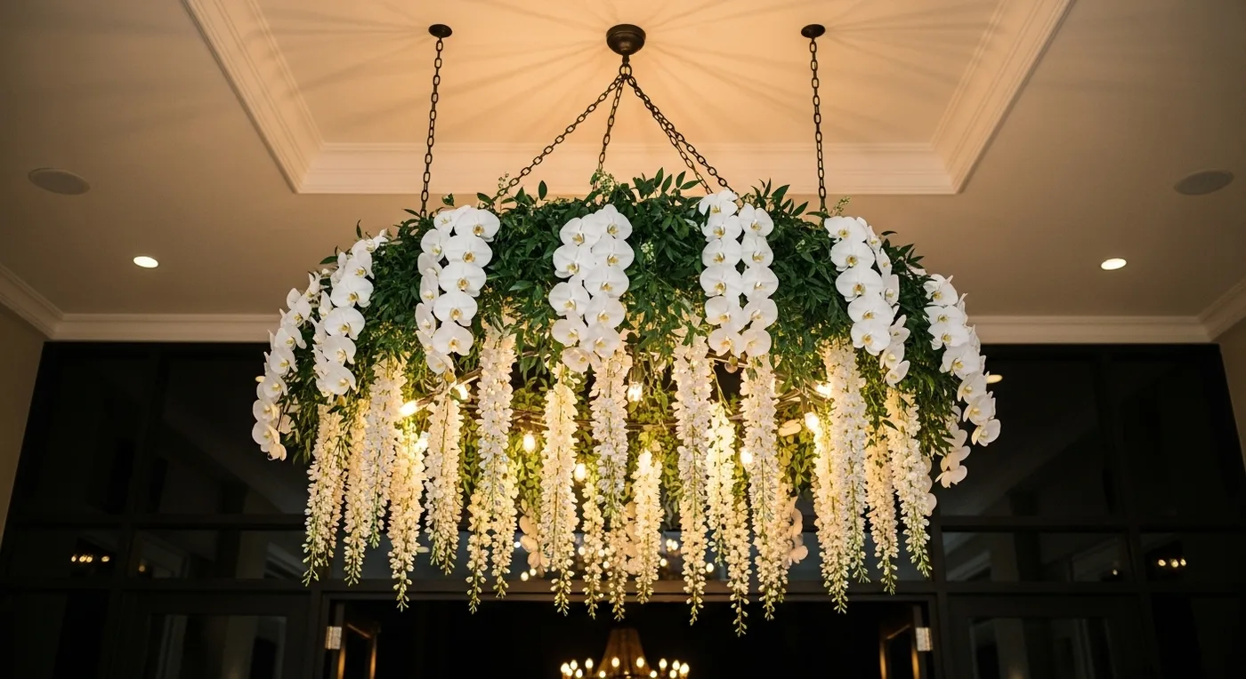 Hanging floral chandelier with orchids and roses suspended above the wedding entrance