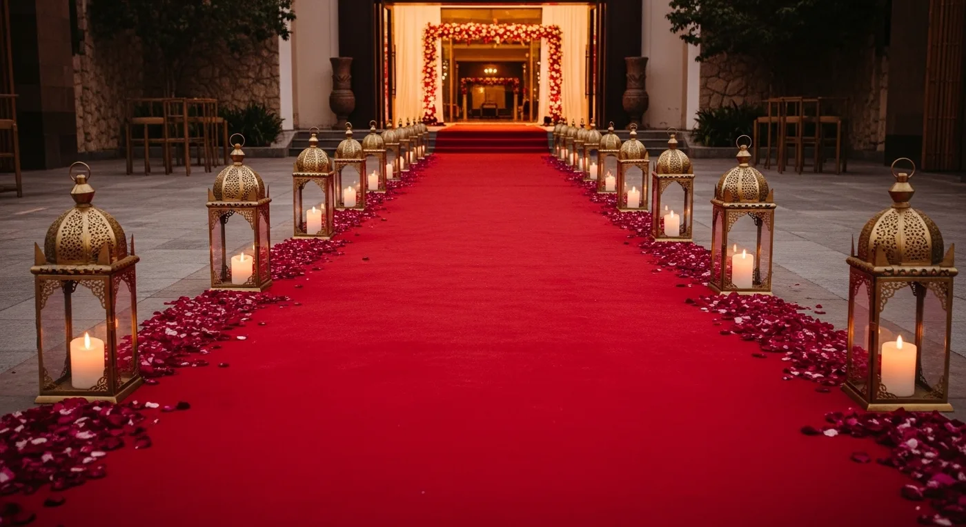 Red carpet runner with decorative lanterns on both sides leading to wedding venue