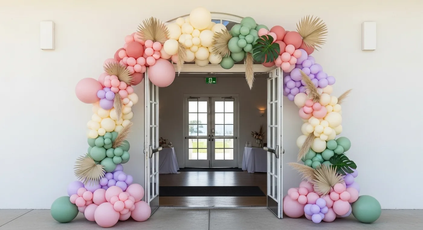 Balloon arch in pastel wedding colours framing the entrance to a reception hall