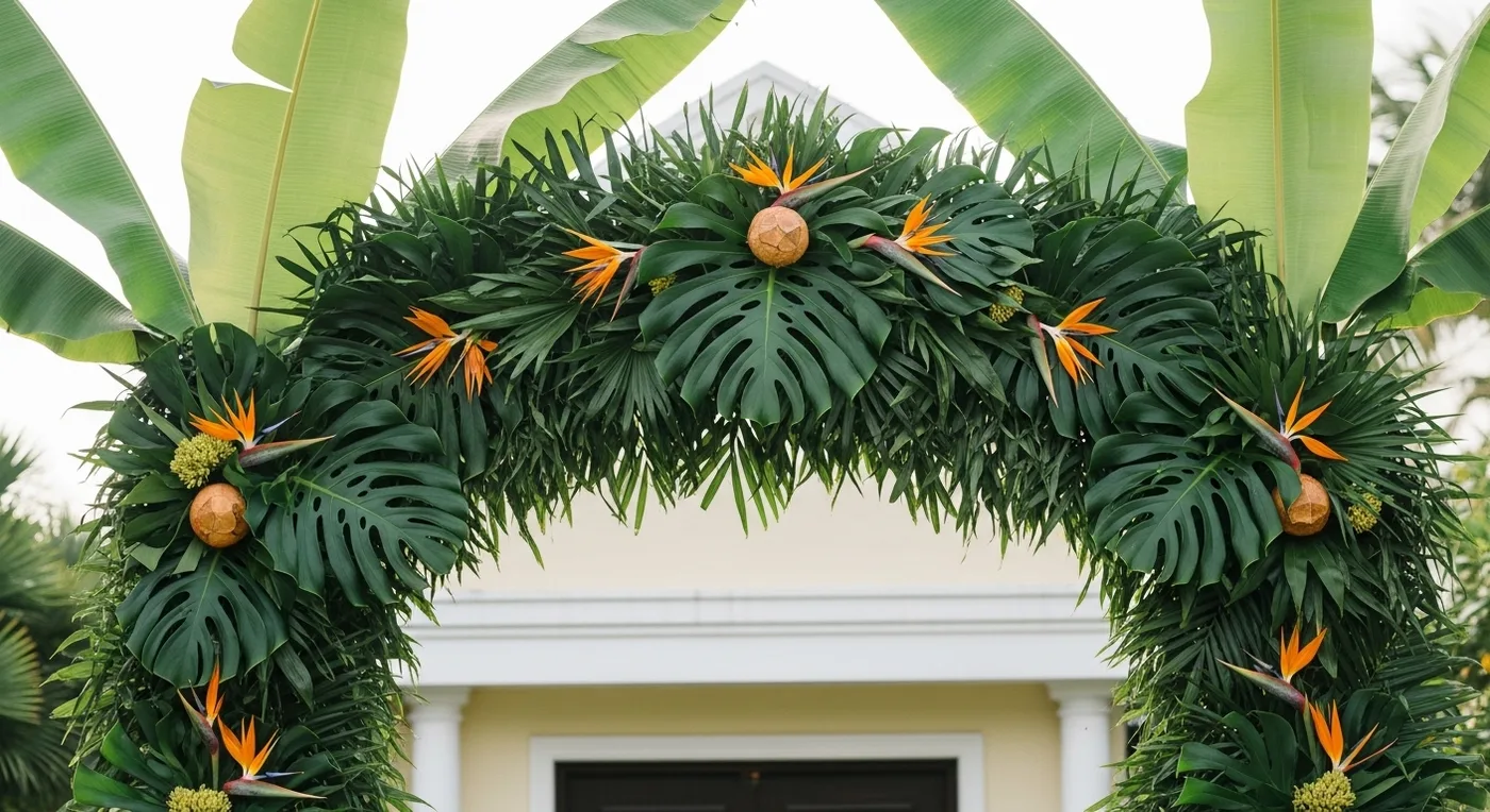 Tropical palm leaf archway with banana leaves and monstera for a Kerala wedding entrance