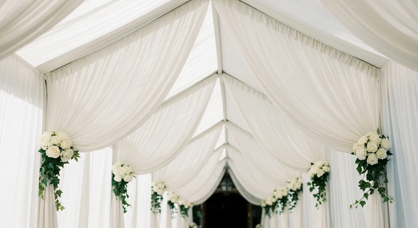 Draped fabric entrance canopy with sheer curtains and floral tiebacks at wedding venue