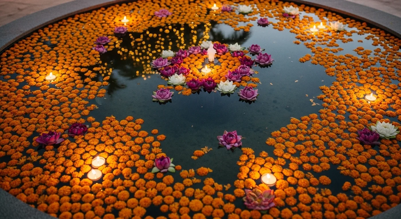 Floating flower arrangement in water feature at wedding venue entrance