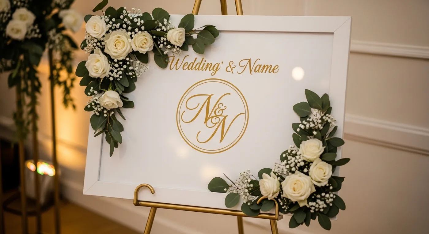 Wedding name board with couple's monogram and floral frame at venue entrance