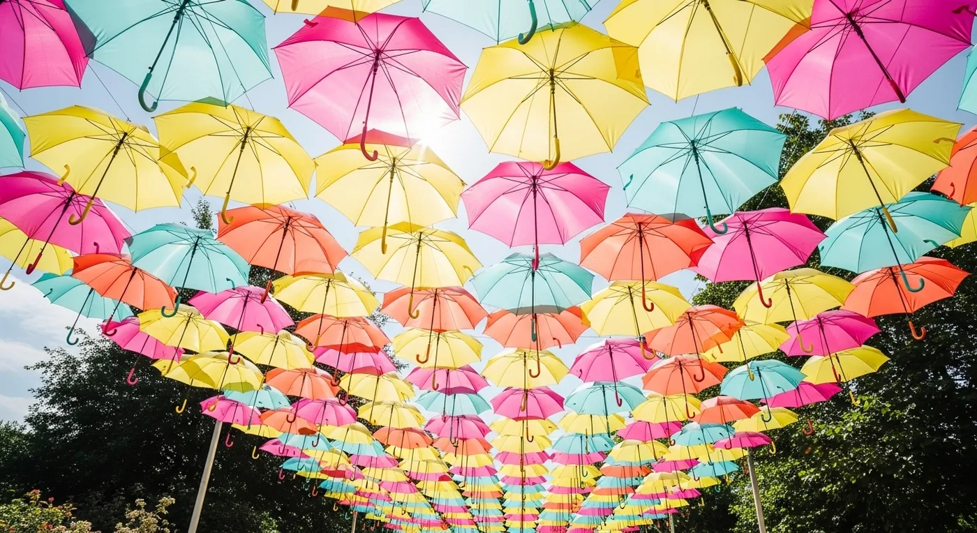 Colourful umbrella installation creating a canopy walkway at outdoor wedding venue