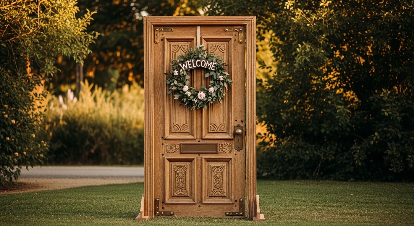 Vintage ornate door used as a freestanding welcome prop at wedding entrance