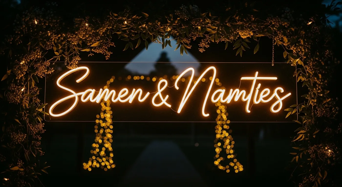 Illuminated LED sign displaying couple's names in warm light at wedding reception entrance