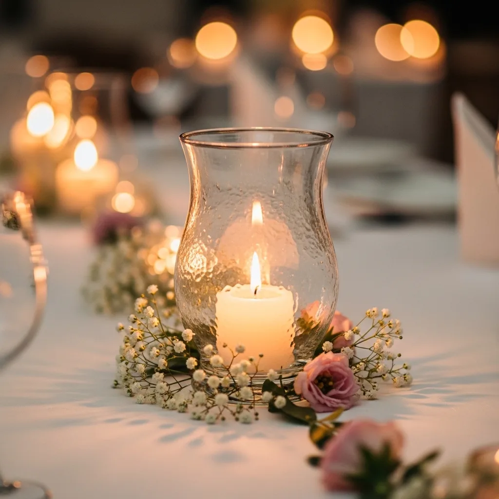 A stunning wedding venue illuminated with warm string lights creating a magical golden atmosphere