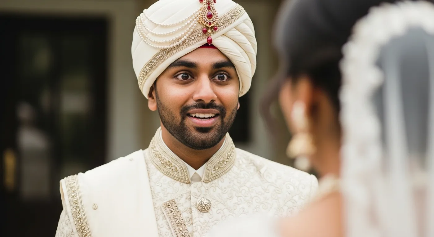 Groom's emotional first-look reaction seeing his bride for the first time in wedding attire