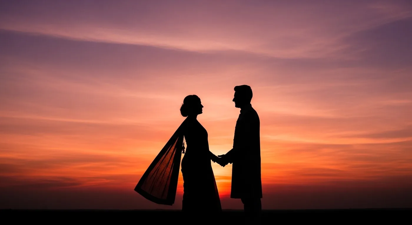 Silhouette of a wedding couple at sunset with orange and purple sky behind them
