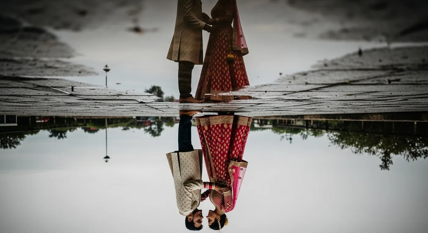 Reflection shot of a wedding couple in a still water puddle with the real couple standing above