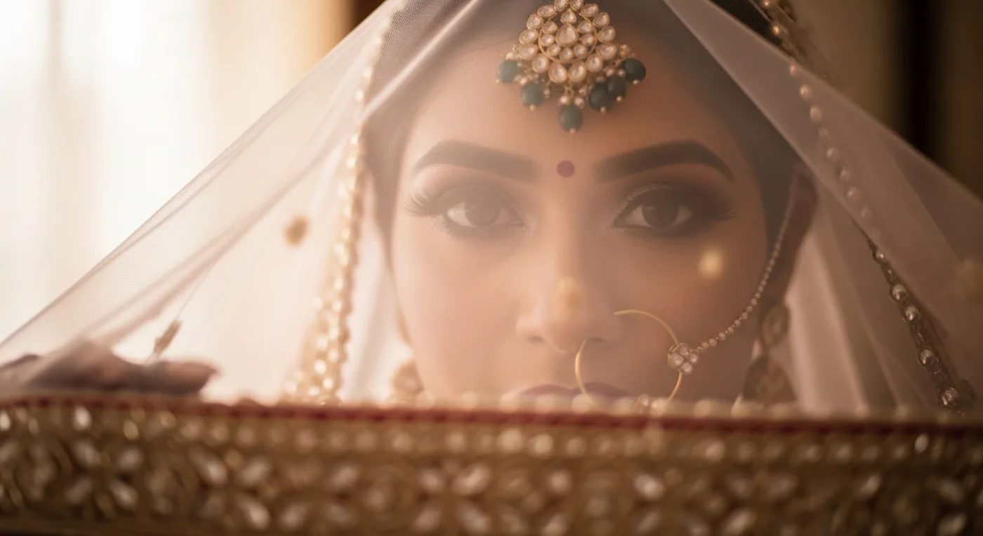 Through-the-veil bridal portrait with soft-focus fabric framing the bride's face