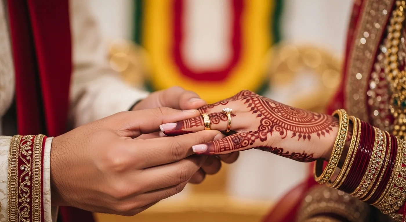 Close-up of couple's hands during ring exchange showing wedding bands and henna-adorned fingers
