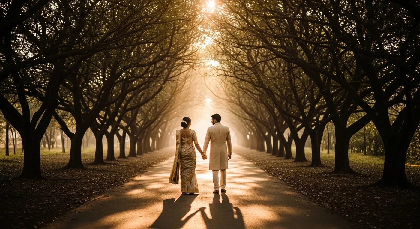 Couple walking away hand-in-hand on a tree-lined path dappled with sunlight