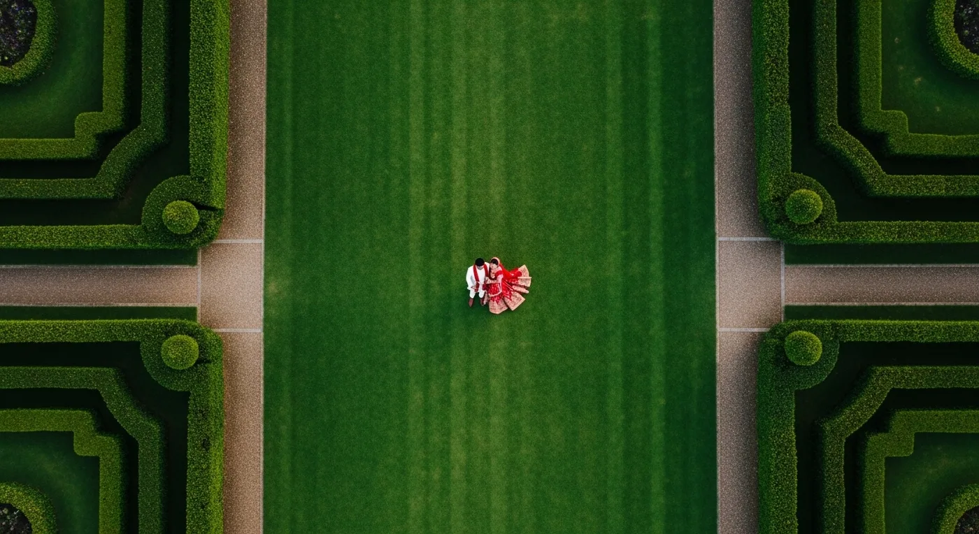 Aerial drone photograph of a wedding couple standing in a vast green landscape viewed from above
