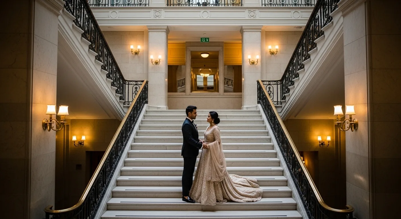 Wedding couple portrait on a grand staircase with architectural depth and warm lighting
