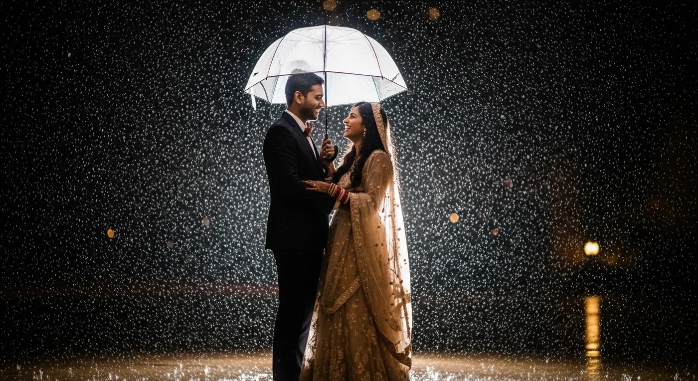 Romantic rain photography of a wedding couple sharing an umbrella with raindrops catching light