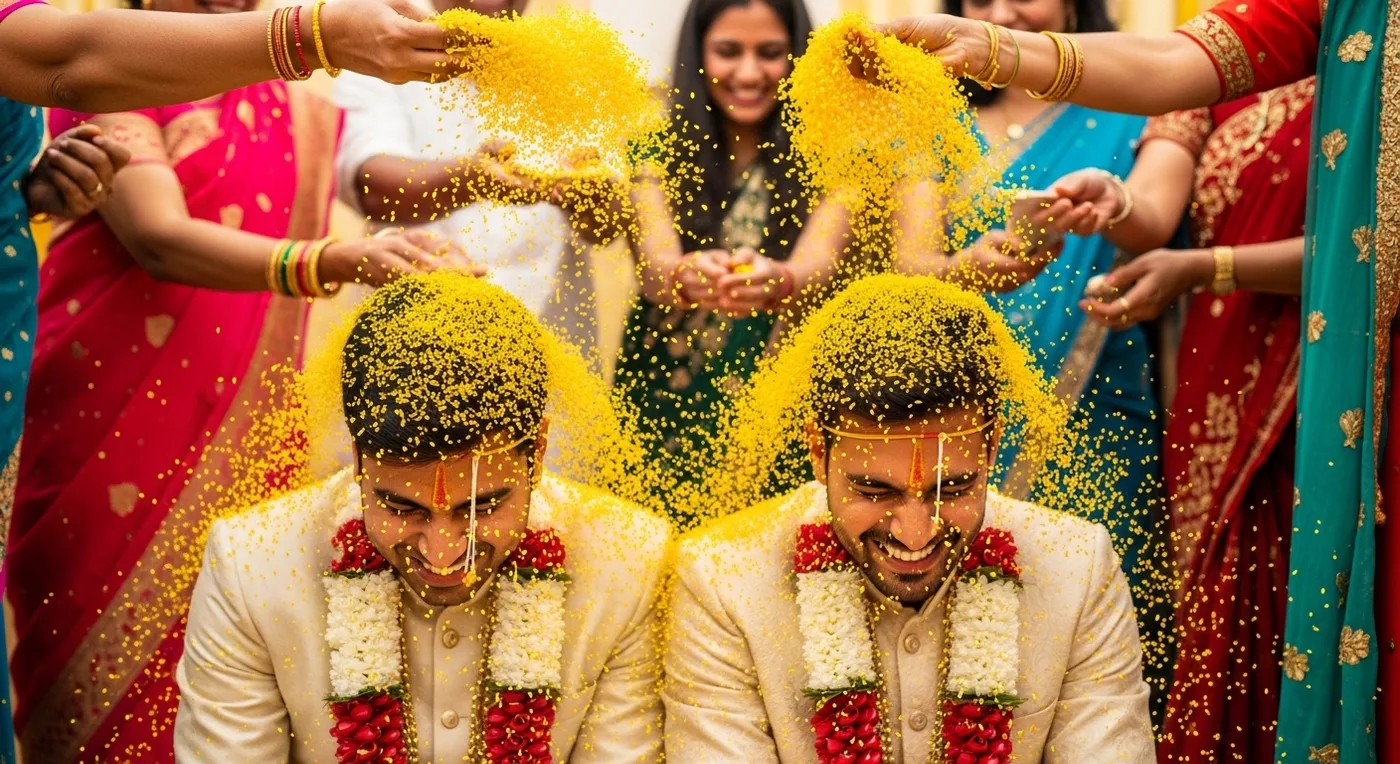 Candid photograph of rice being thrown over the couple during a traditional ceremony with joyful expressions