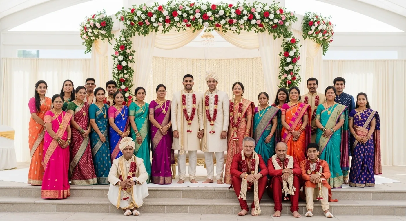 Large family group photo at the wedding mandap with multiple generations gathered together