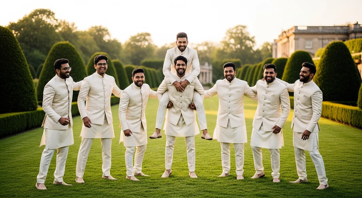 Groom squad fun photograph with the groom and his friends in coordinated outfits striking playful poses