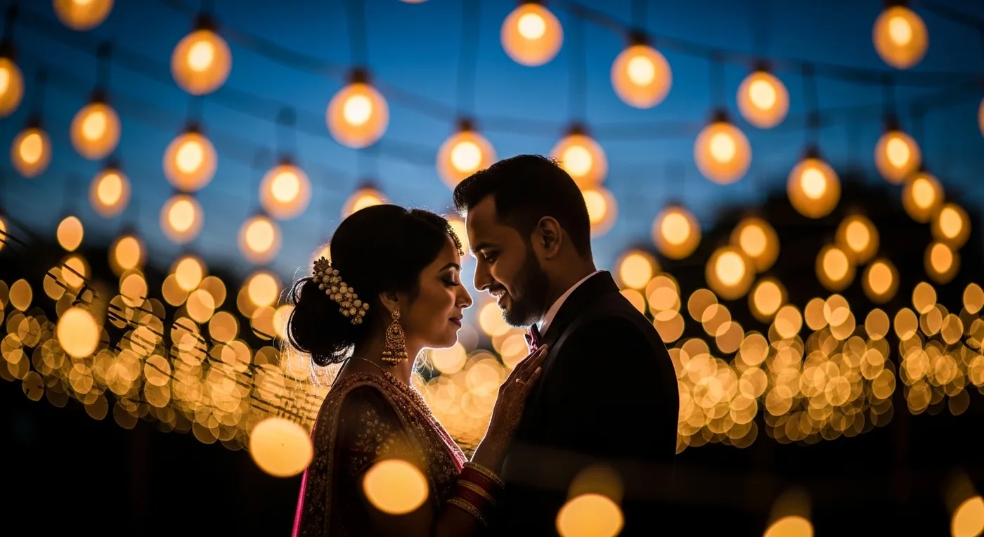 Twilight couple portrait with warm bokeh lights from fairy lights or lanterns in the background