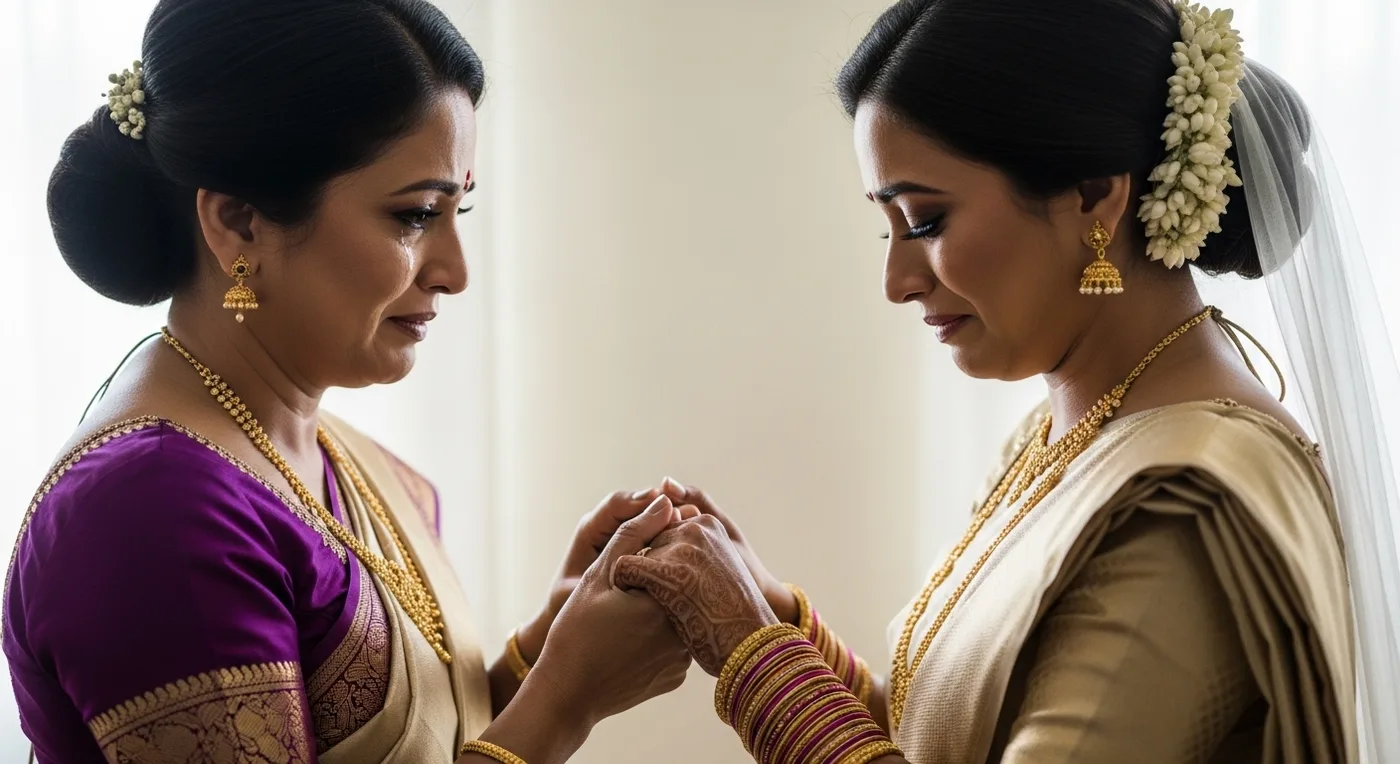 Emotional moment between a parent and bride with the parent holding the bride's hands and tears of joy