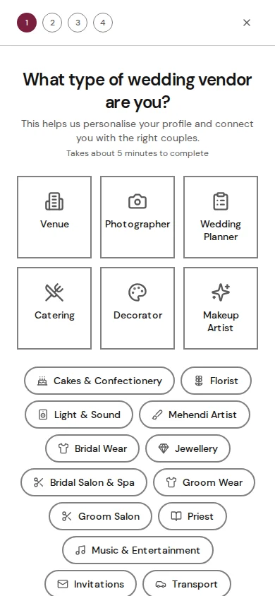 Onboarding wizard Step 1 showing category selection cards for all 21 wedding vendor types