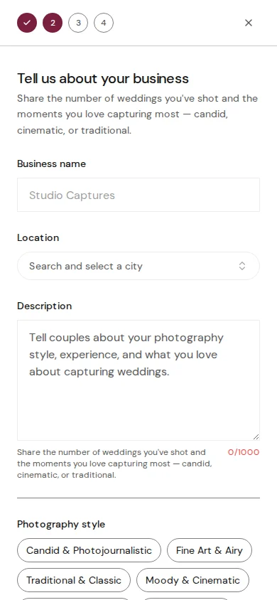Wizard Step 2 showing form fields for business name, description, location, starting price, and category-specific fields