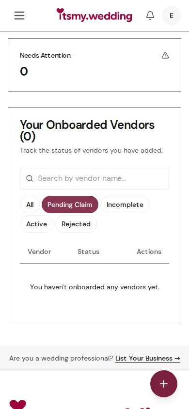 Vendor table filtered to show only Pending Claim vendors with the filter button highlighted