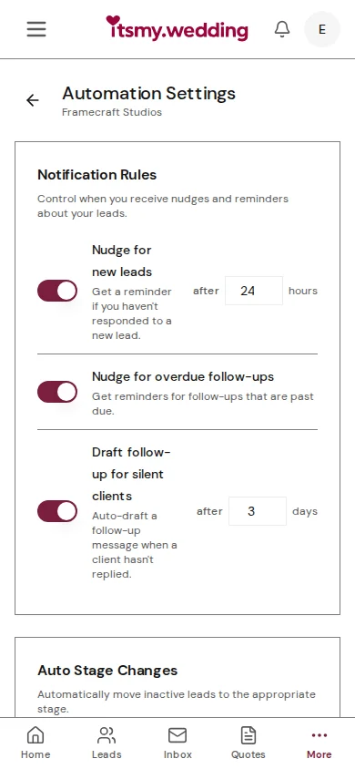 Notification Rules card with toggle switches for new lead nudges, overdue follow-ups, and draft follow-ups
