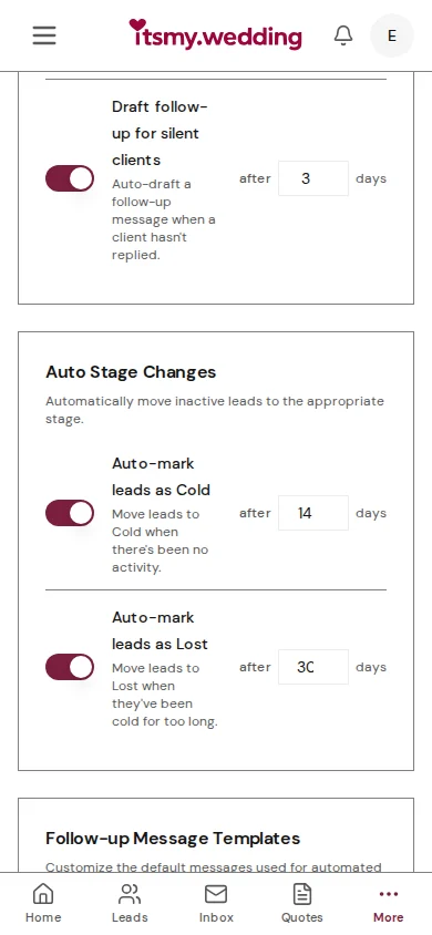 Auto Stage Changes card with toggles for auto-marking leads as Cold and Lost with day counters