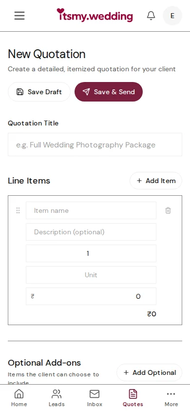 Quotation form dialog with fields for service description, total price, advance amount, and terms
