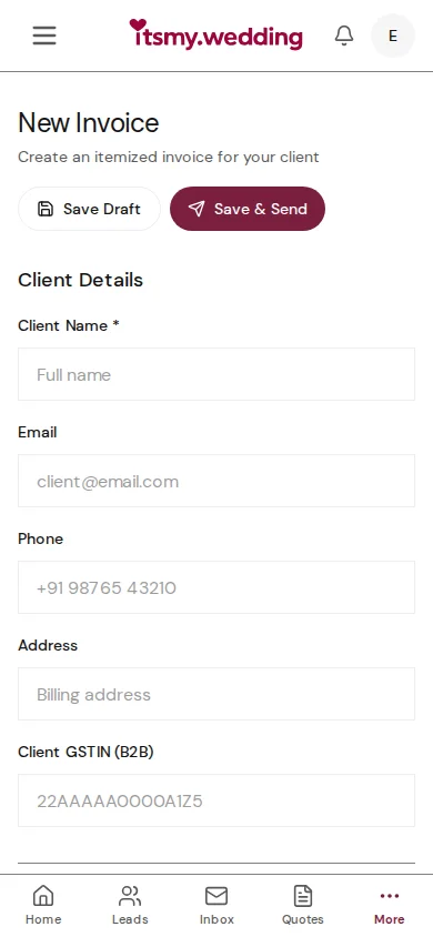 Invoice builder form with client details, line items table, and pricing summary sidebar