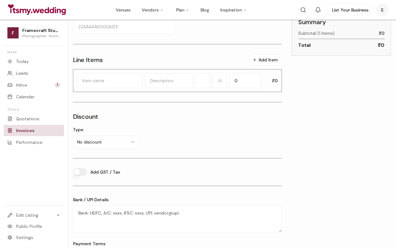 GST configuration with GSTIN, HSN code, and bank details