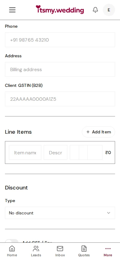 GST configuration section with GSTIN field, tax rate, and CGST/SGST toggle, plus bank details textarea