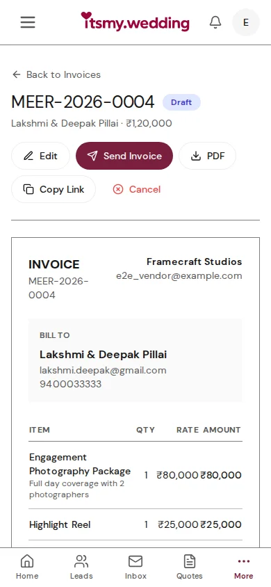 Record Payment dialog showing amount field, payment method chips, reference number input, and confirmation message