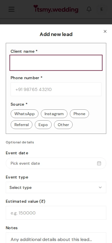 Quick-add lead form sliding up from the bottom with fields for name, phone, and source