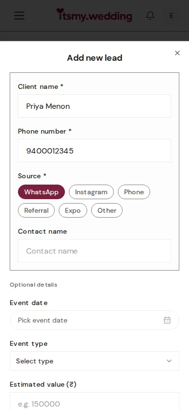 Quick-add form filled with client name, phone number, WhatsApp source, event date, and estimated value