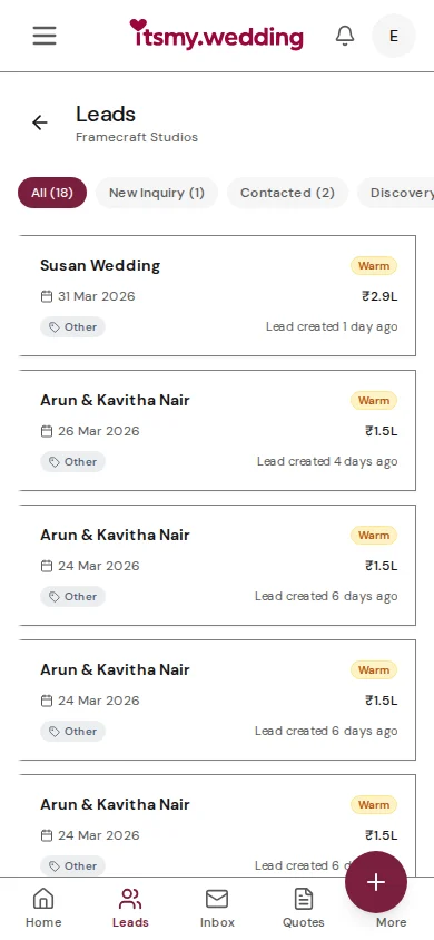 Leads list populated with multiple lead cards from different sources, with stage filter chips at the top