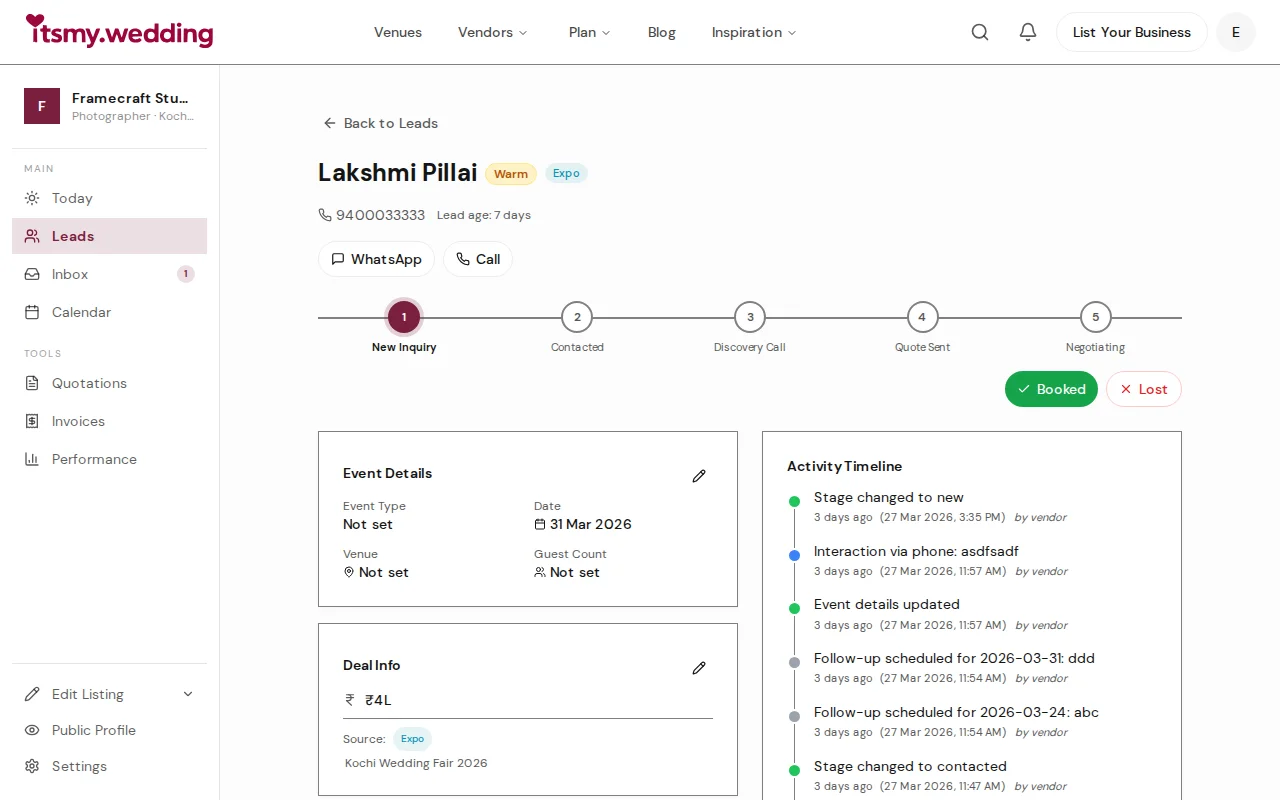 Detailed lead view with timeline and contact info