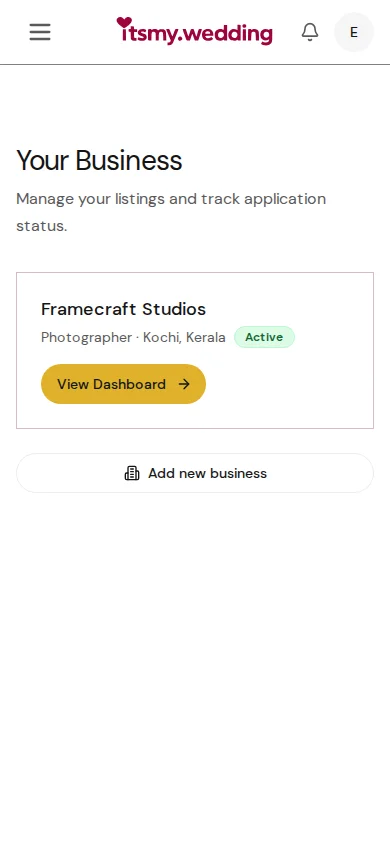 My Business page showing vendor listing cards with status badges and action buttons