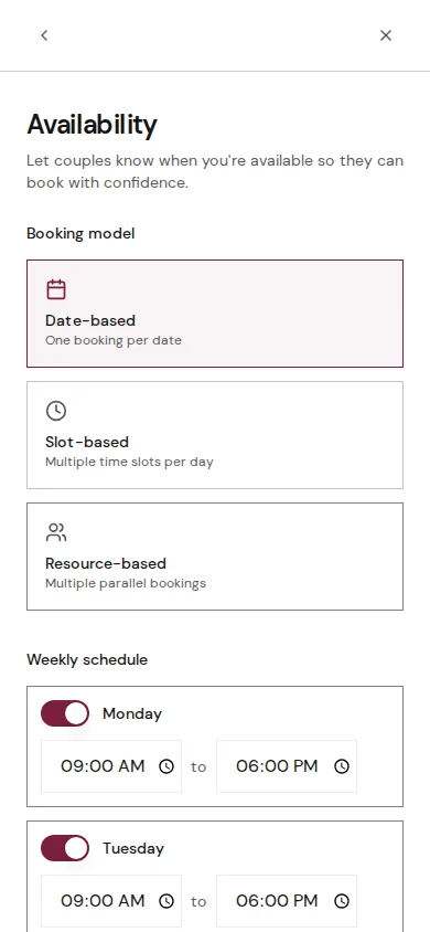 Enrichment form page for adding services, gallery photos, or business details to the vendor profile