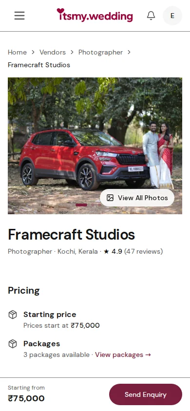 Public-facing vendor profile page showing cover image, business name, gallery, and booking button