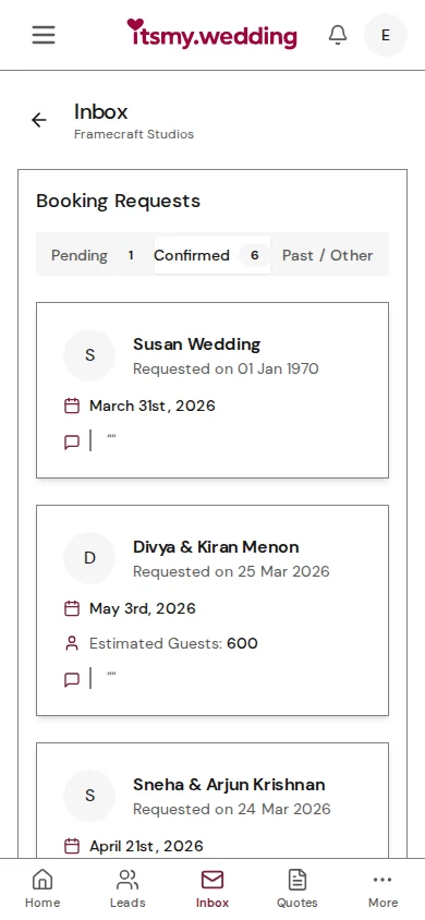Confirmed bookings list showing accepted bookings with event dates and pricing details