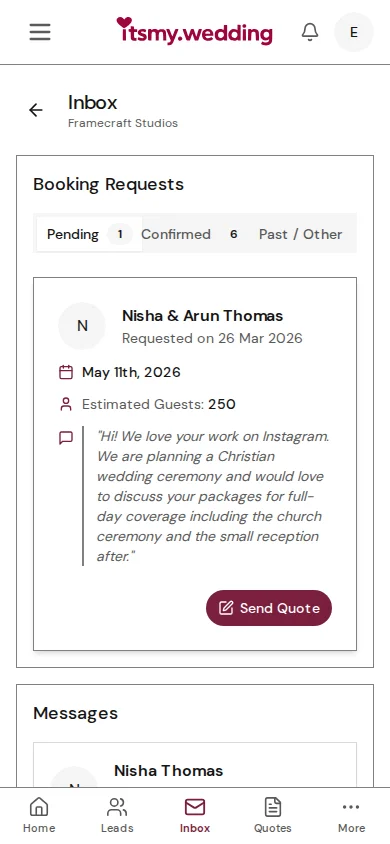 Desktop view of the Inbox showing booking details with full payment tracker and dashboard stats