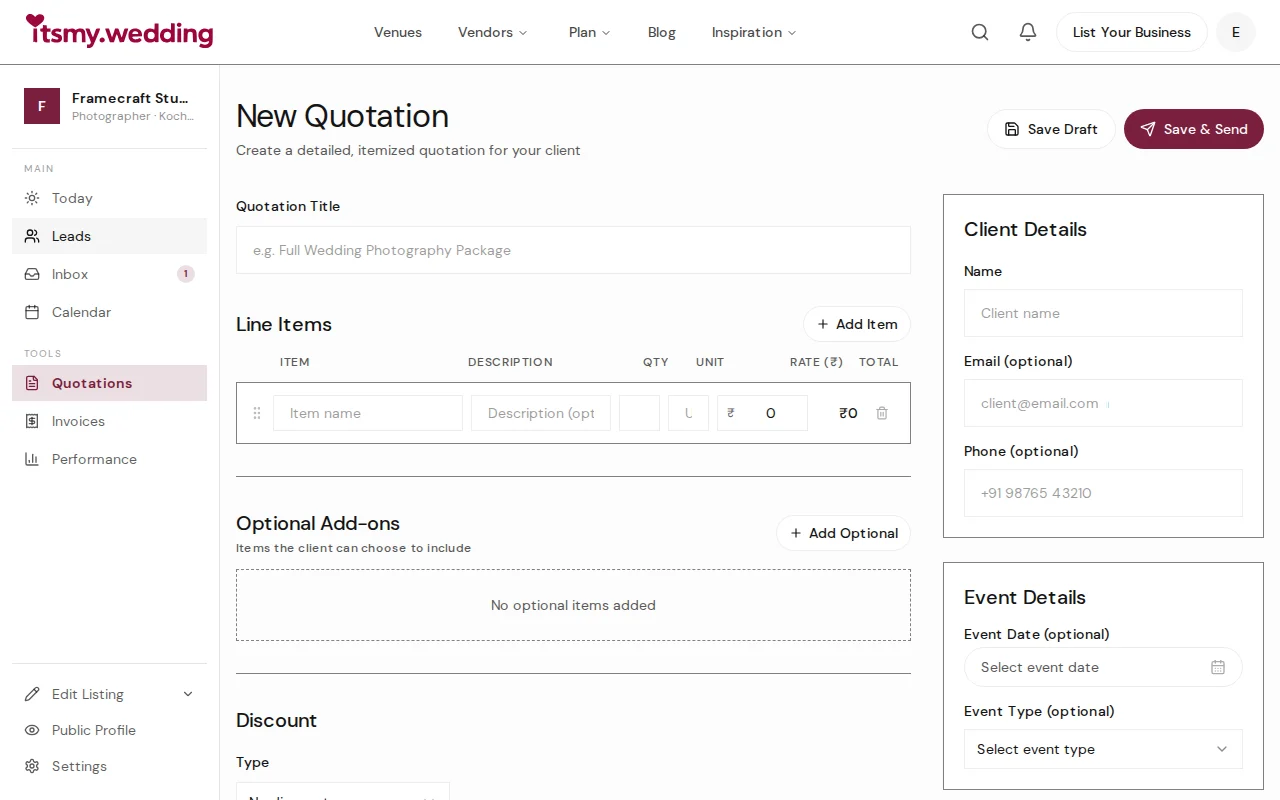Quotation builder showing line items and pricing