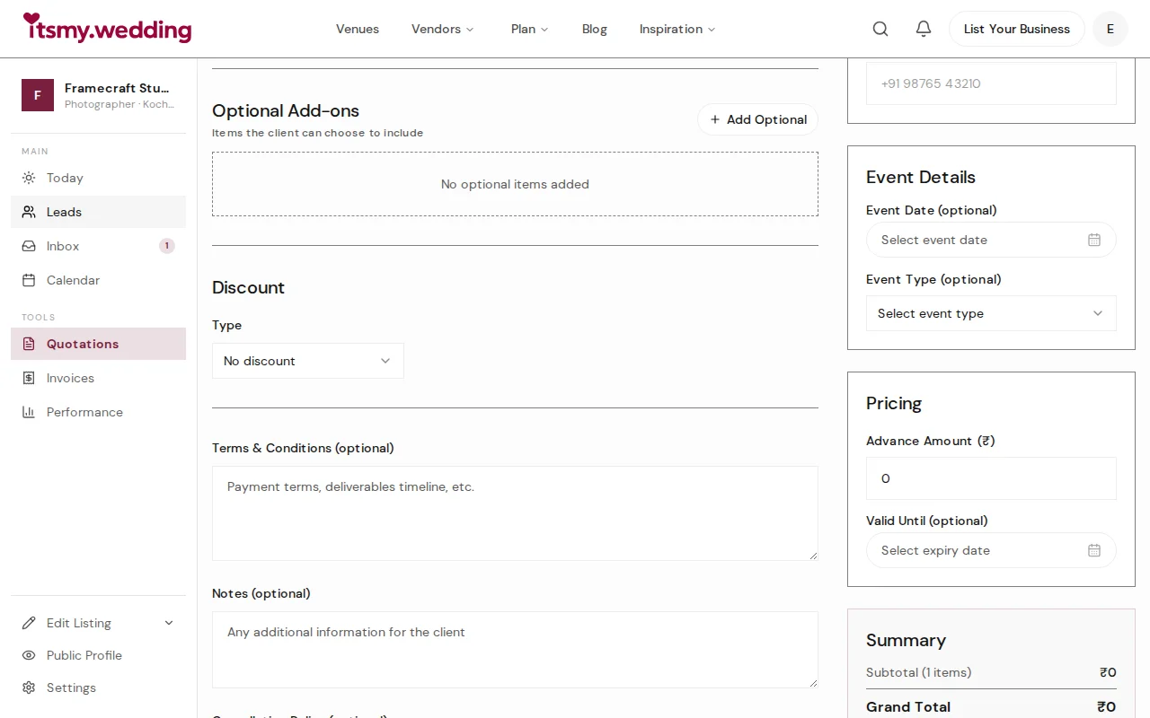 Quotation line items with descriptions and amounts