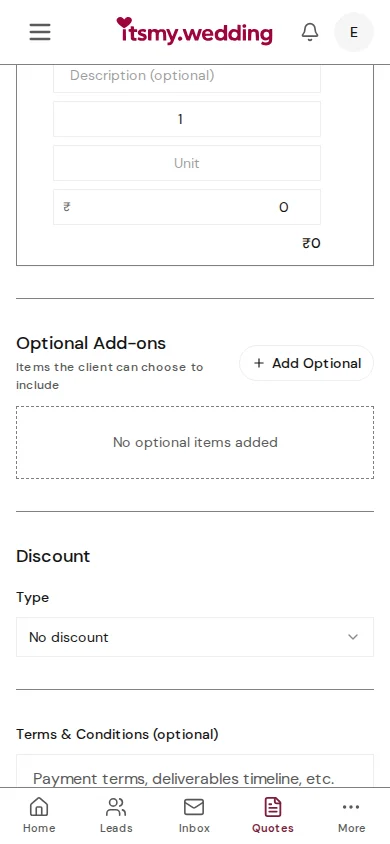 Line items table with item name, description, quantity, unit, rate, and calculated totals