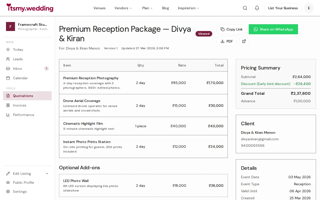 Quotation status tracking showing sent, viewed, accepted