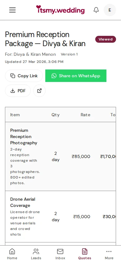 Quotation detail page showing Viewed status, line items, and action buttons
