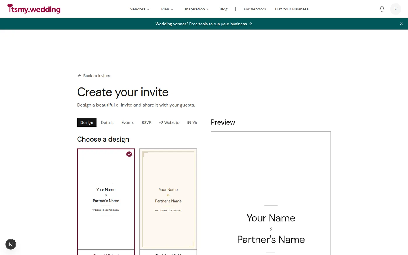 E-invite builder showing template selection and event details form